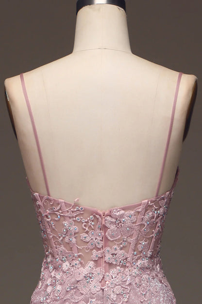 Glitter Blush Mermaid Spaghetti Straps Long Prom Dress with Beading TP1377