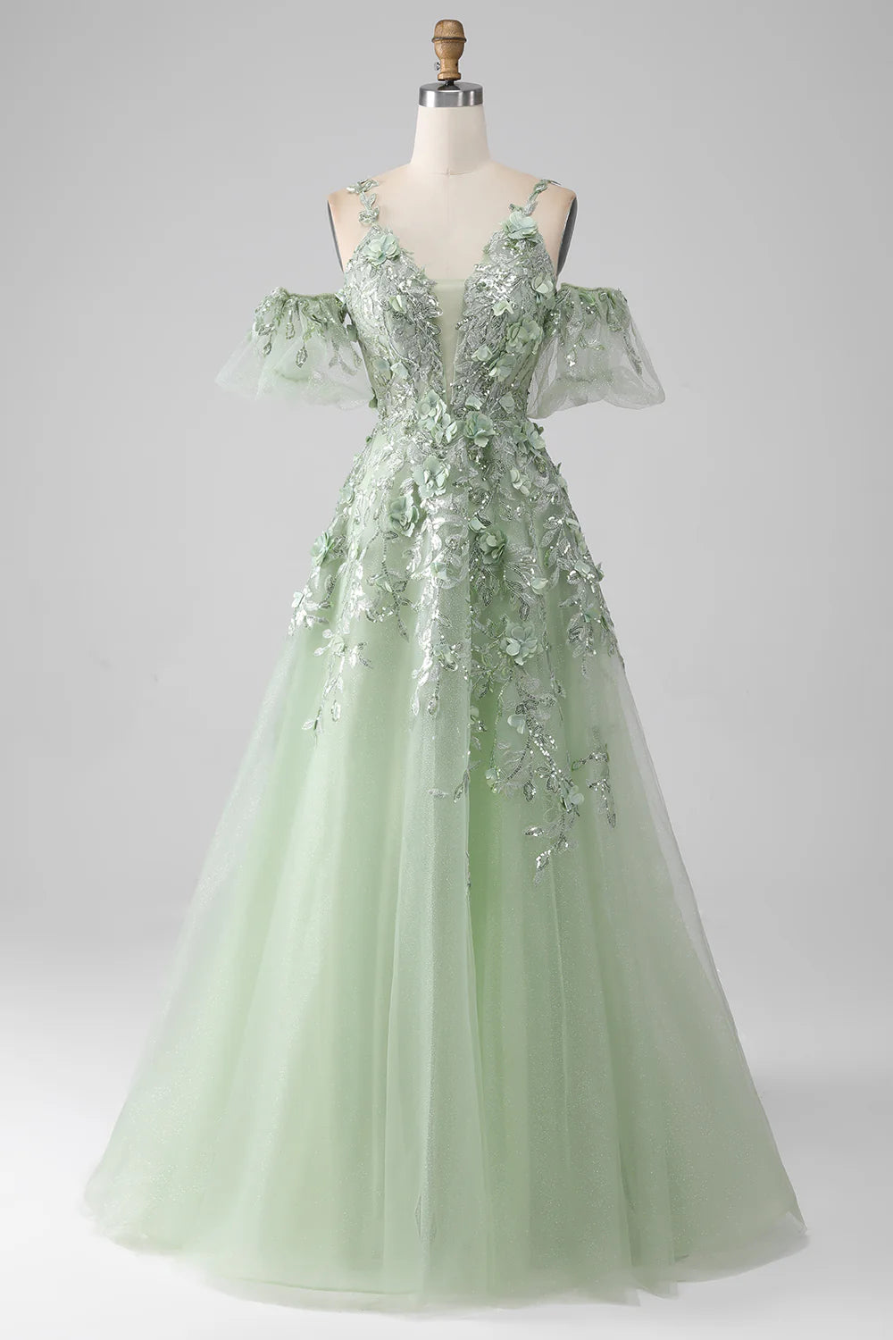 Sage A-Line Detachable Sleeves Long Corset Prom Dress with Flowers TP1378