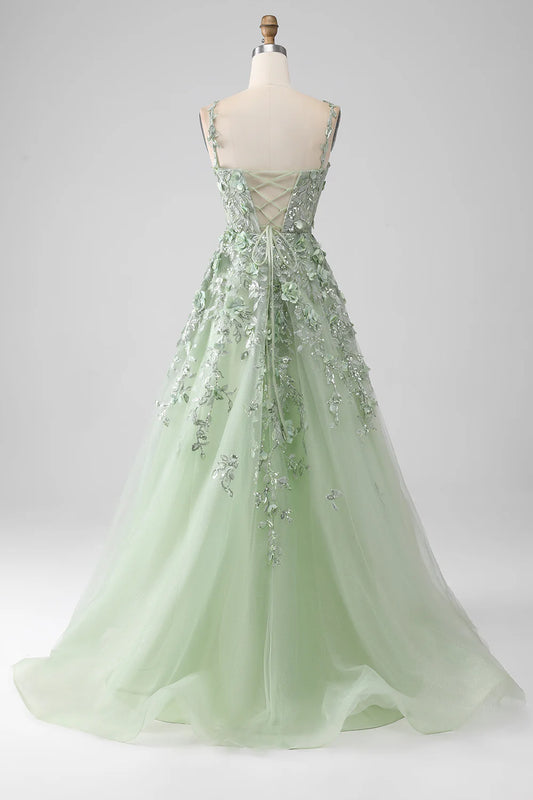 Sage A-Line Detachable Sleeves Long Corset Prom Dress with Flowers TP1378