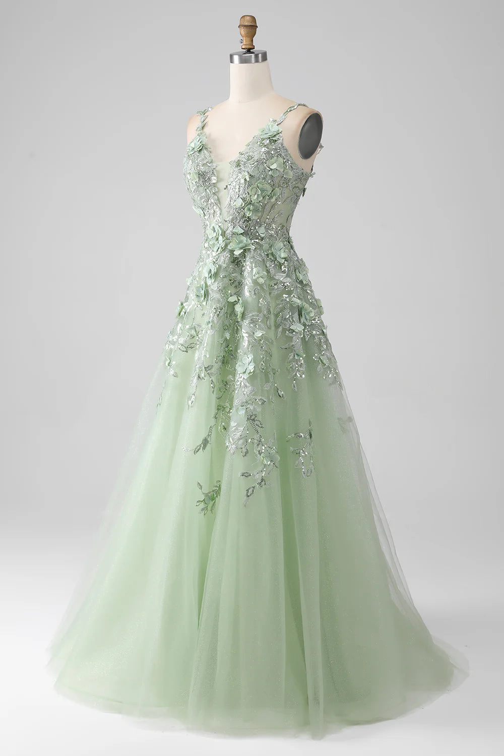 Sage A-Line Detachable Sleeves Long Corset Prom Dress with Flowers TP1378
