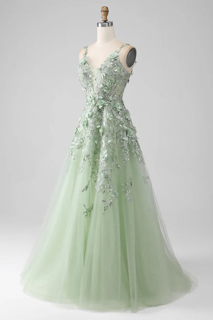 Sage A-Line Detachable Sleeves Long Corset Prom Dress with Flowers TP1378