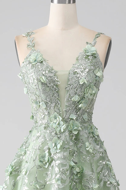 Sage A-Line Detachable Sleeves Long Corset Prom Dress with Flowers TP1378