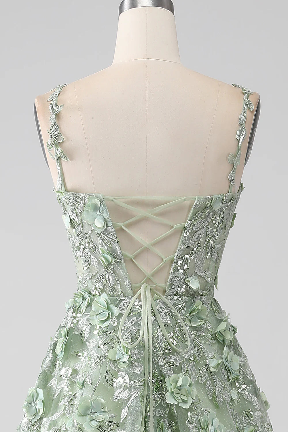 Sage A-Line Detachable Sleeves Long Corset Prom Dress with Flowers TP1378