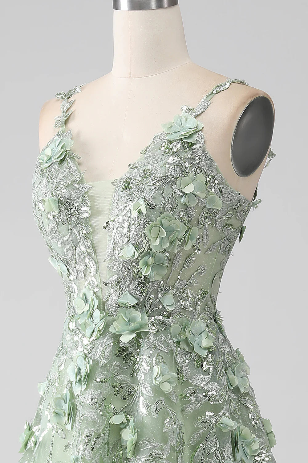 Sage A-Line Detachable Sleeves Long Corset Prom Dress with Flowers TP1378