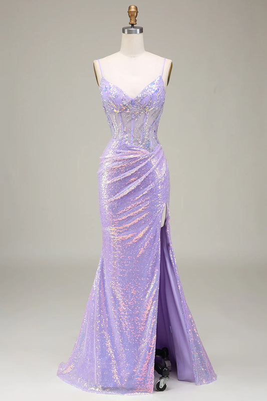 Sparkly Mermaid LighT Purple Corset Prom Dress with Slit TP1380