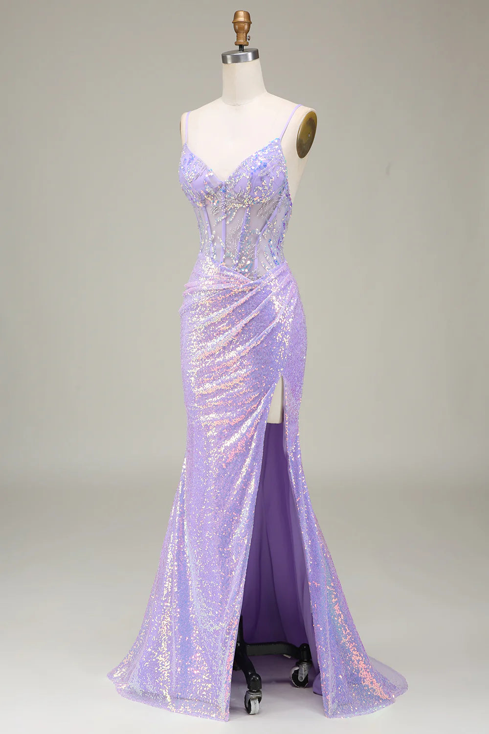 Sparkly Mermaid LighT Purple Corset Prom Dress with Slit TP1380