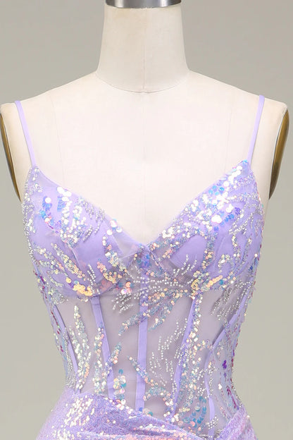 Sparkly Mermaid LighT Purple Corset Prom Dress with Slit TP1380