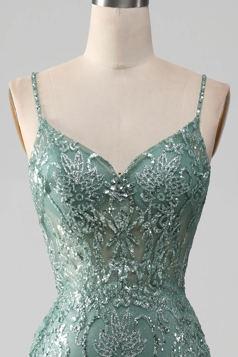 Spaghetti Staps Sparkly Grey Green Prom Dress with Beading TP1381