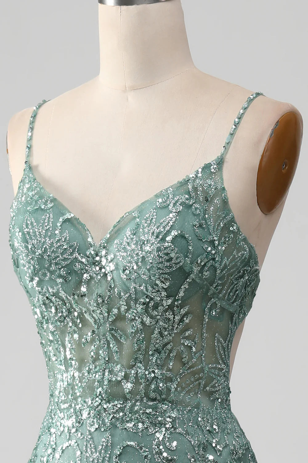 Spaghetti Staps Sparkly Grey Green Prom Dress with Beading TP1381