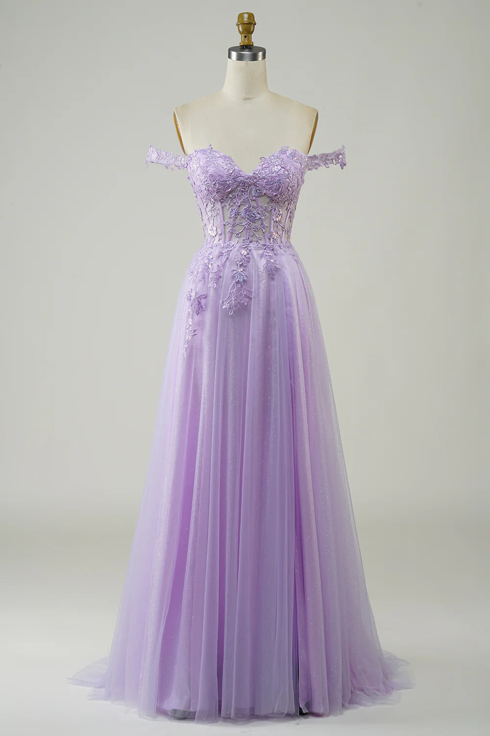 Purple Corset A-Line Long Tulle Prom Dress with Lace TP1382