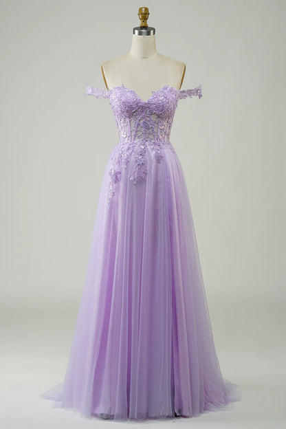 Purple Corset A-Line Long Tulle Prom Dress with Lace TP1382