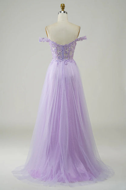 Purple Corset A-Line Long Tulle Prom Dress with Lace TP1382