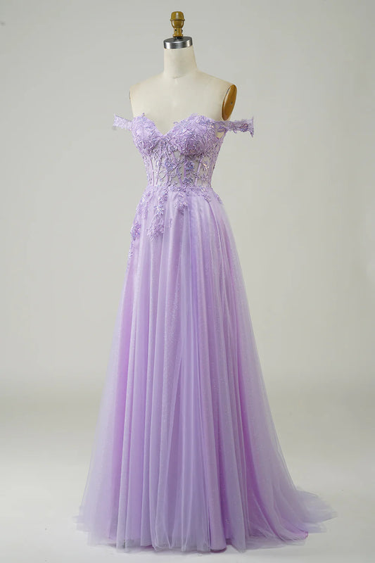 Purple Corset A-Line Long Tulle Prom Dress with Lace TP1382