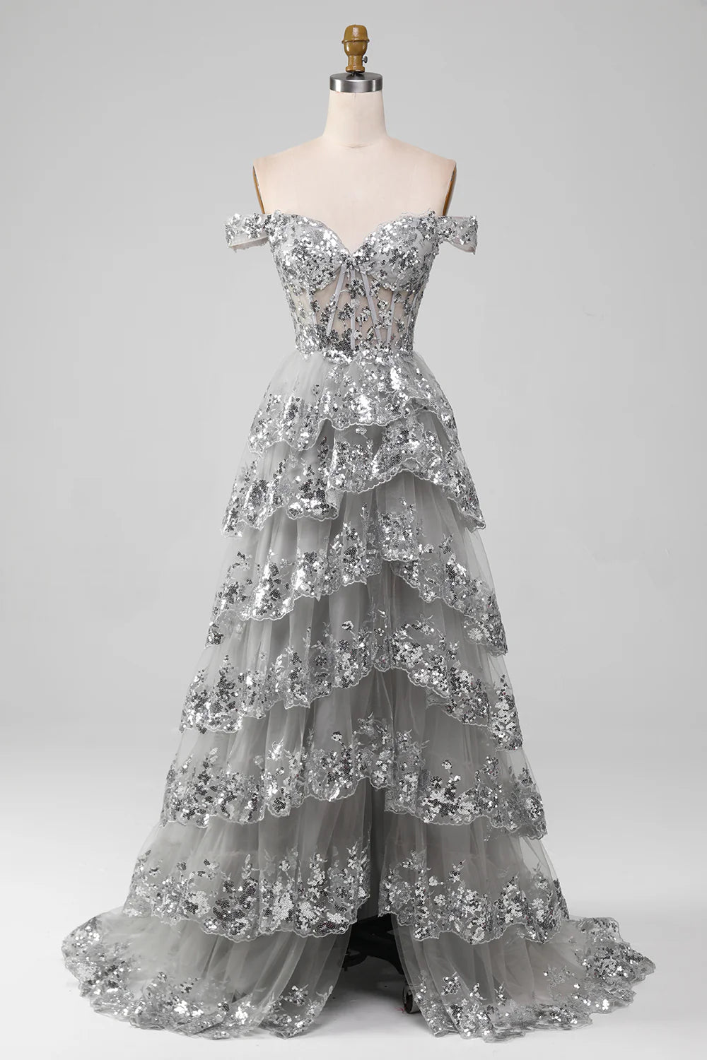 Off the Shoulder Grey Silver Sparkly Tiered Prom Dress with Slit TP1383