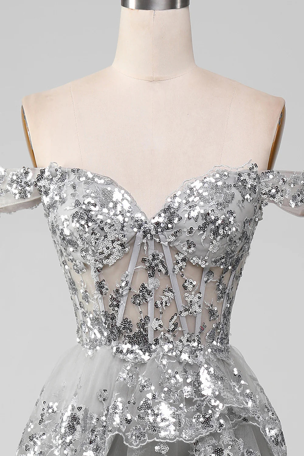 Off the Shoulder Grey Silver Sparkly Tiered Prom Dress with Slit TP1383