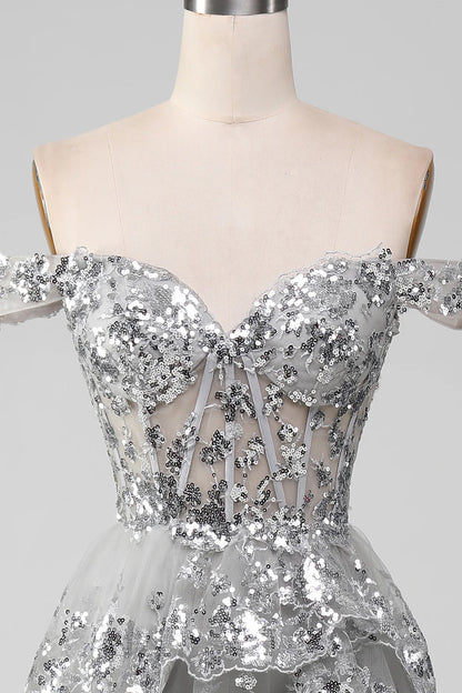 Off the Shoulder Grey Silver Sparkly Tiered Prom Dress with Slit TP1383