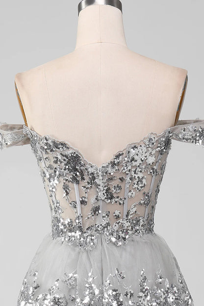 Off the Shoulder Grey Silver Sparkly Tiered Prom Dress with Slit TP1383
