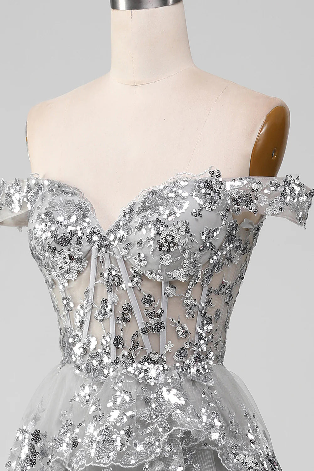 Off the Shoulder Grey Silver Sparkly Tiered Prom Dress with Slit TP1383