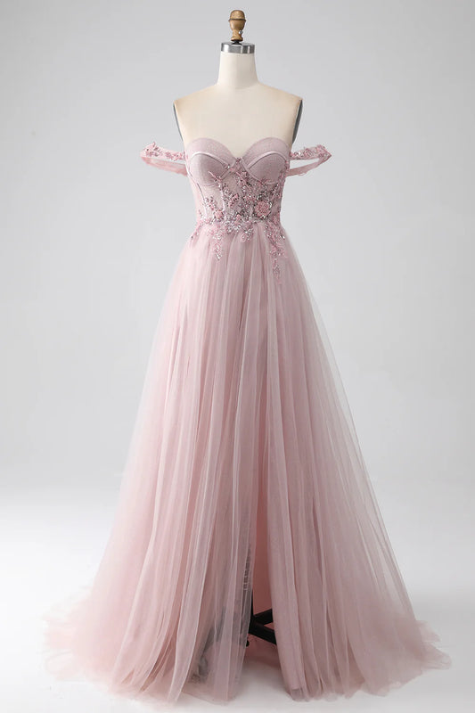 Off the Shoulder A Line Beaded Prom Dress with Slit TP1384