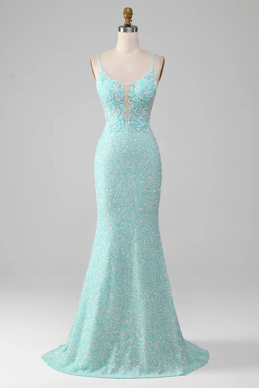 Sequins Light Green Sparkly Mermaid Prom Dress with Slit TP1386