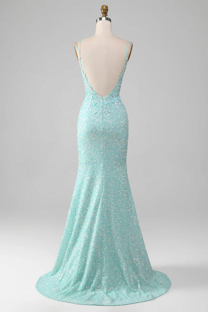 Sequins Light Green Sparkly Mermaid Prom Dress with Slit TP1386
