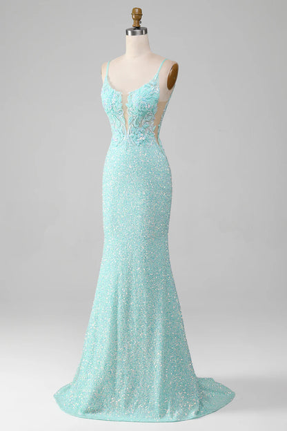 Sequins Light Green Sparkly Mermaid Prom Dress with Slit TP1386