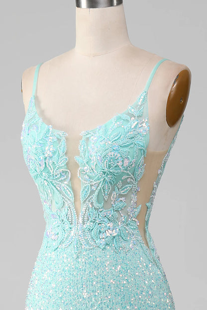 Sequins Light Green Sparkly Mermaid Prom Dress with Slit TP1386