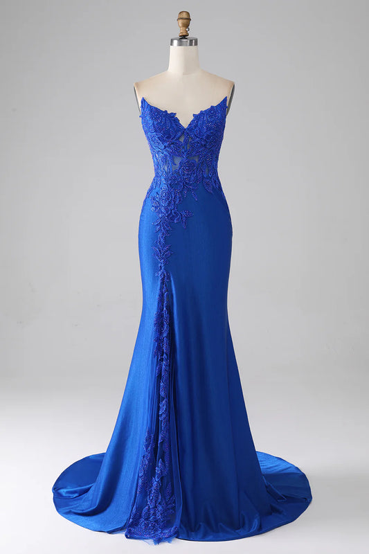 Royal Blue Mermaid Strapless Long Beaded Prom Dress With Appliques TP1387