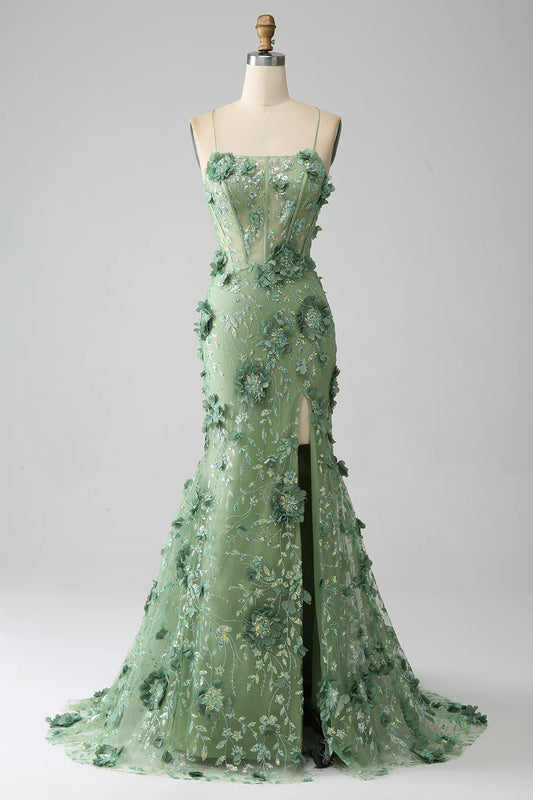 Mermaid Spaghetti Straps Green Corset Prom Dress with Appliques TP1388