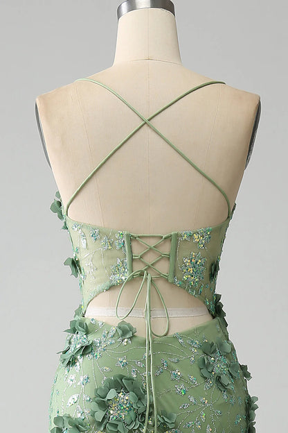Mermaid Spaghetti Straps Green Corset Prom Dress with Appliques TP1388