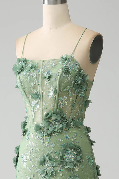 Mermaid Spaghetti Straps Green Corset Prom Dress with Appliques TP1388