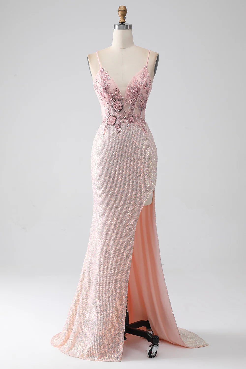 Glitter Pink Beaded Mermaid Prom Dress with Slit TP1389