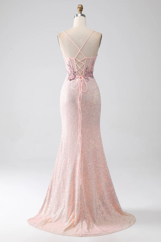 Glitter Pink Beaded Mermaid Prom Dress with Slit TP1389