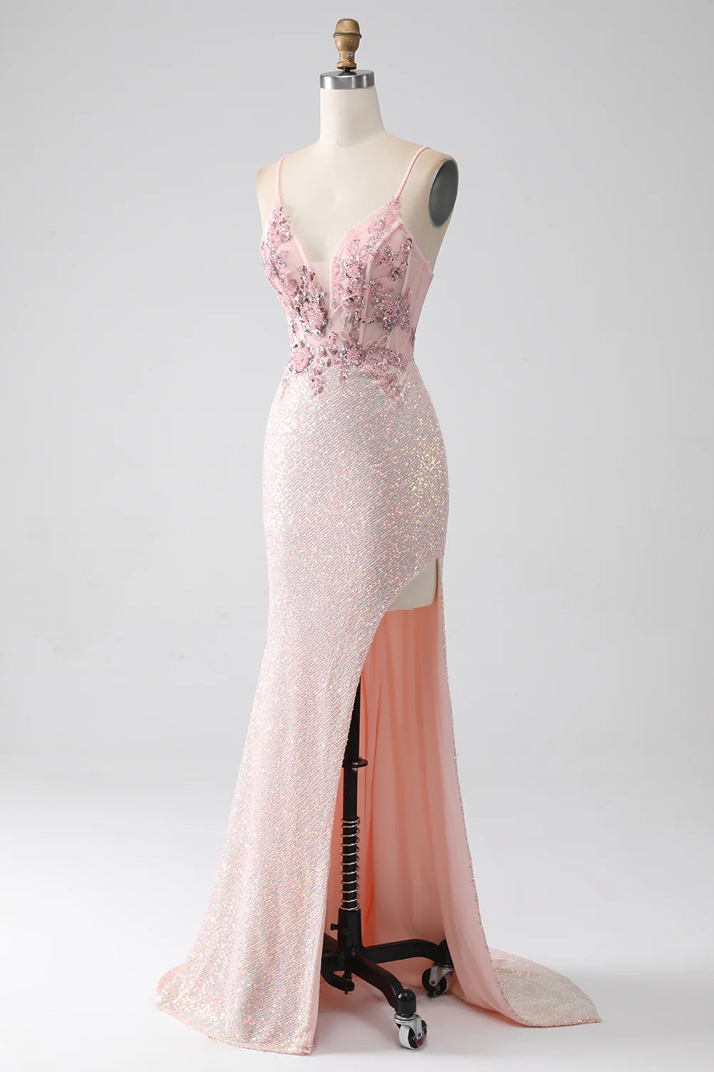 Glitter Pink Beaded Mermaid Prom Dress with Slit TP1389