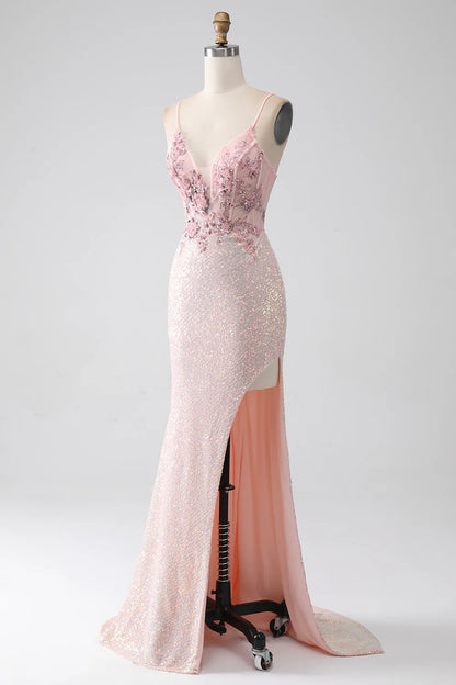 Glitter Pink Beaded Mermaid Prom Dress with Slit TP1389
