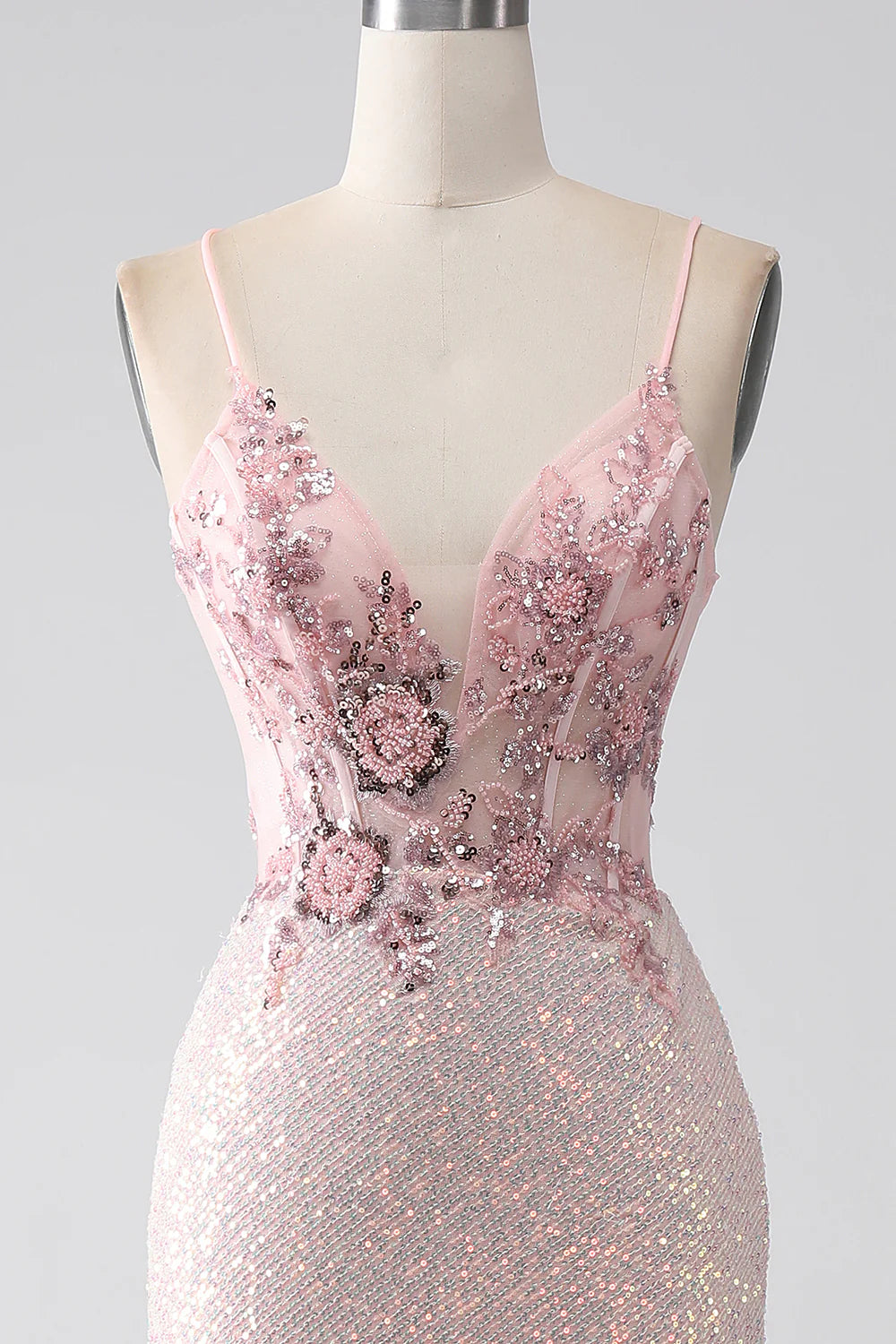 Glitter Pink Beaded Mermaid Prom Dress with Slit TP1389
