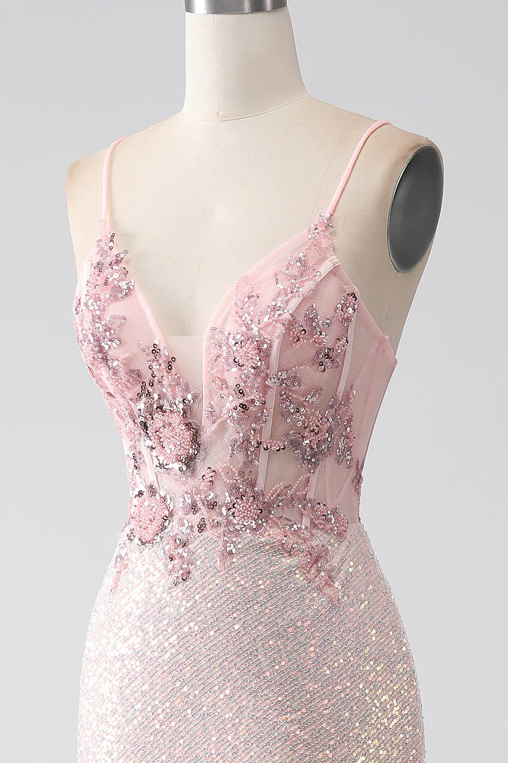 Glitter Pink Beaded Mermaid Prom Dress with Slit TP1389