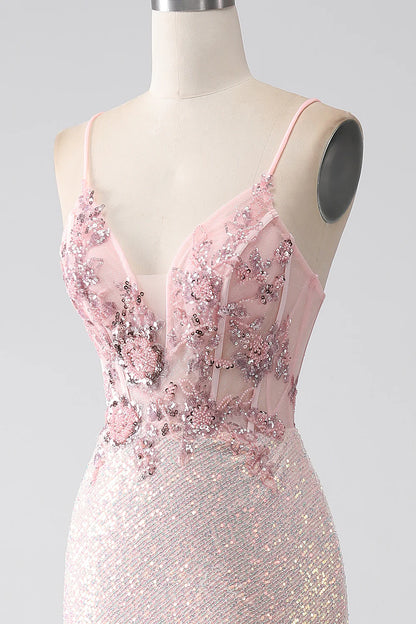 Glitter Pink Beaded Mermaid Prom Dress with Slit TP1389