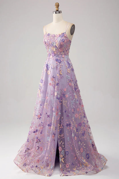 Light Purple A-Line Spaghetti Straps Long Prom Dress with Appliques TP1392