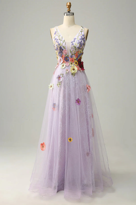 A Line Deep V Neck Lavender Long Prom Dress with Appliques TP1393