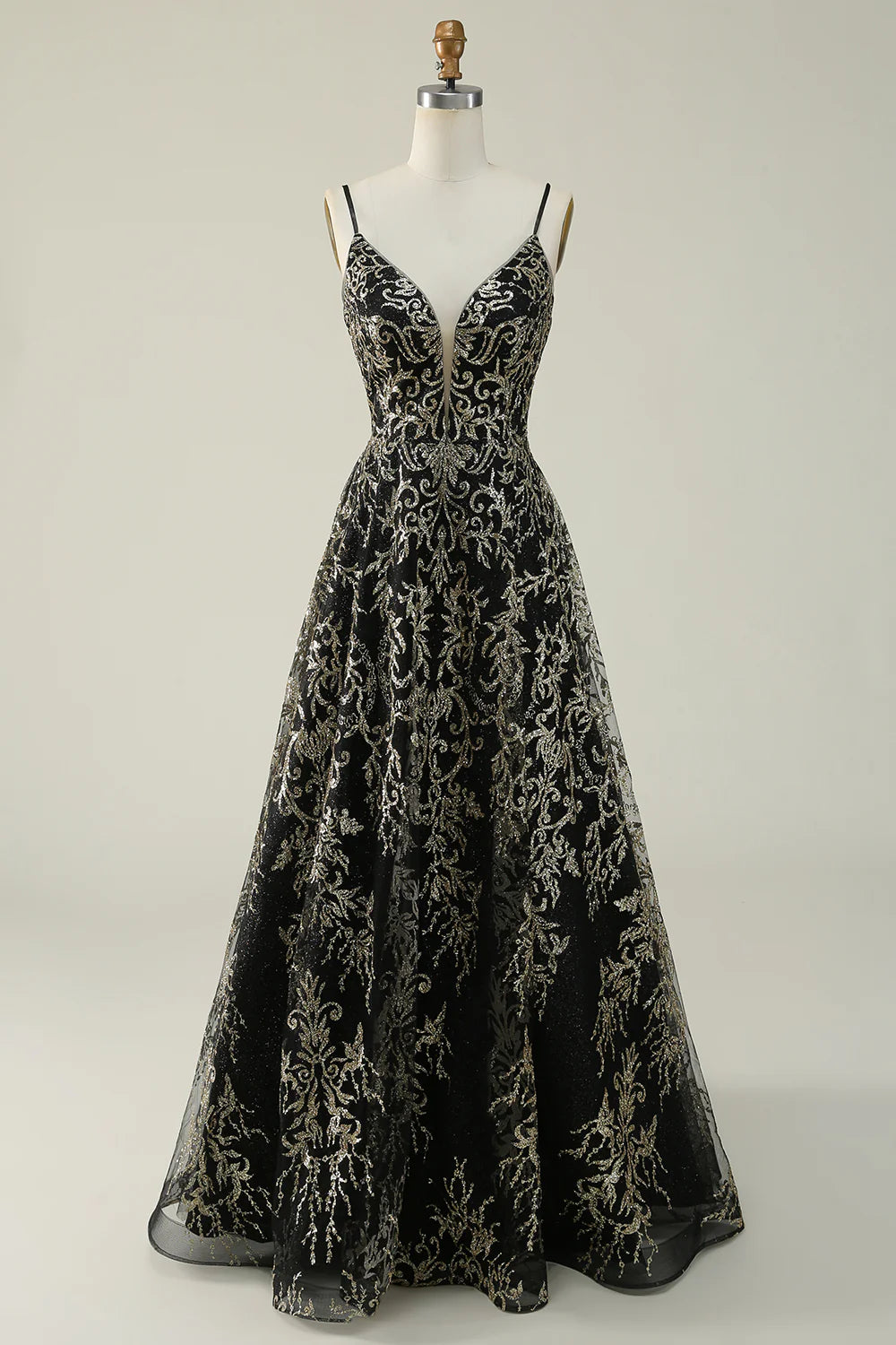 Black Golden Spaghetti Straps Long Prom Dress TP1397