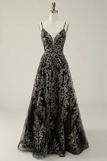 Black Golden Spaghetti Straps Long Prom Dress TP1397