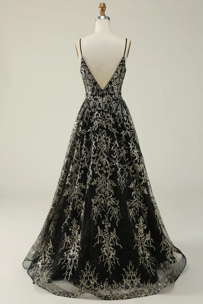 Black Golden Spaghetti Straps Long Prom Dress TP1397
