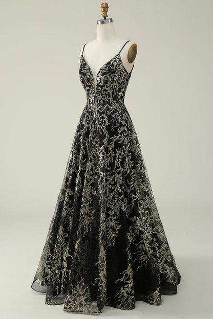 Black Golden Spaghetti Straps Long Prom Dress TP1397