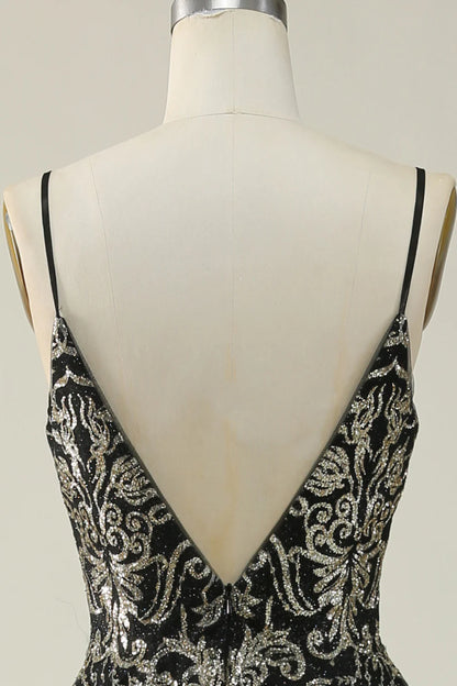 Black Golden Spaghetti Straps Long Prom Dress TP1397