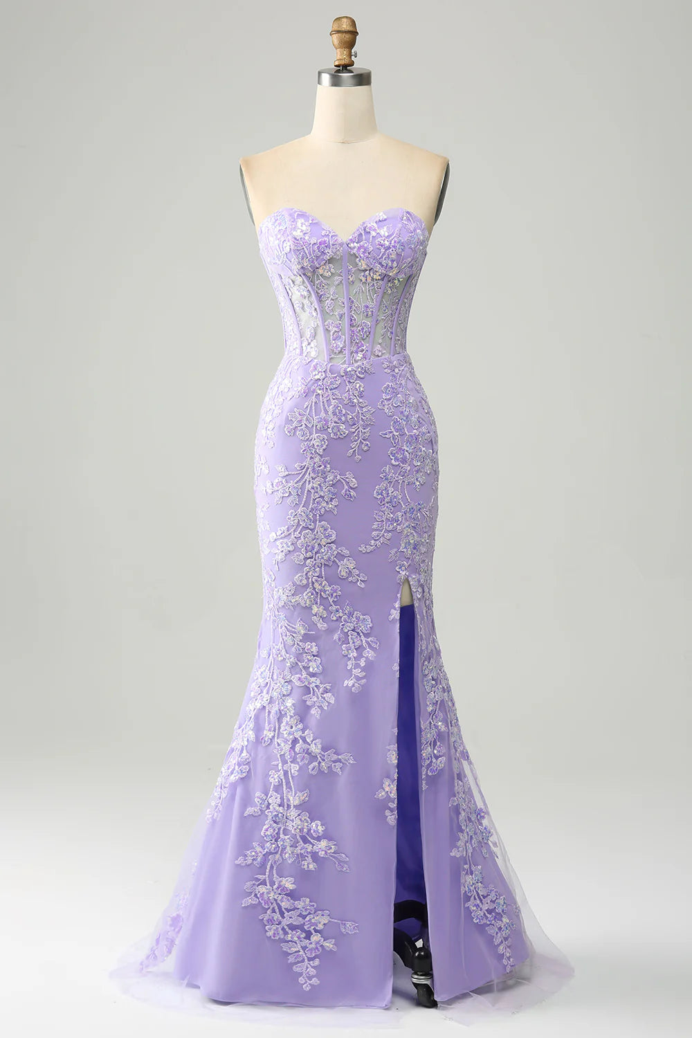 Light Purple Mermaid Sweetheart Corset Appliques Prom Dress With Side Slit TP1398