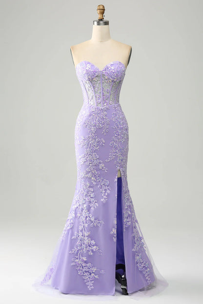 Light Purple Mermaid Sweetheart Corset Appliques Prom Dress With Side Slit TP1398