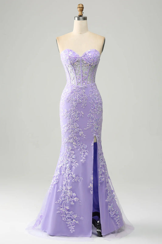 Light Purple Mermaid Sweetheart Corset Appliques Prom Dress With Side Slit TP1398