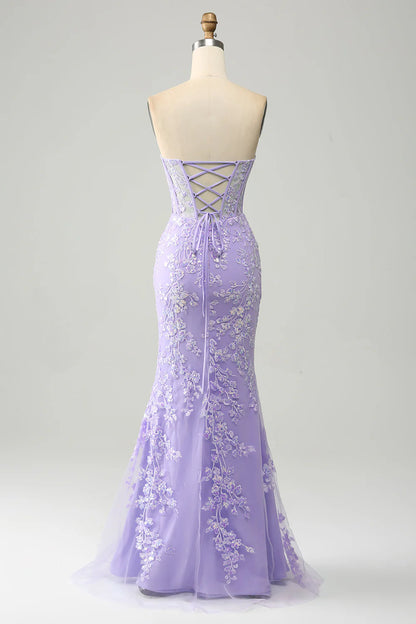 Light Purple Mermaid Sweetheart Corset Appliques Prom Dress With Side Slit TP1398