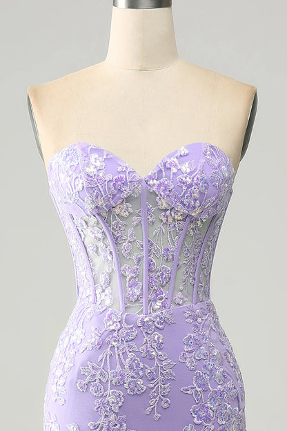 Light Purple Mermaid Sweetheart Corset Appliques Prom Dress With Side Slit TP1398